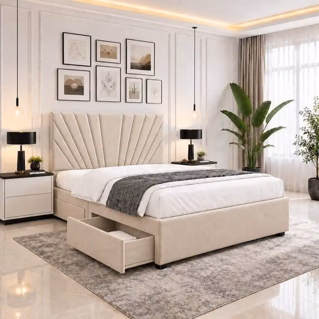 Velmora Luxury Upholstered Divan Bed with Tall Headboard, Mattress and Drawers, Beige, W/D/H: 90 x 200 cm