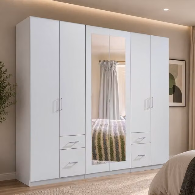 Fly White 6 Door Modern Wardrobe with Mirror and 4 Integrated Drawers, Width: 270 cm