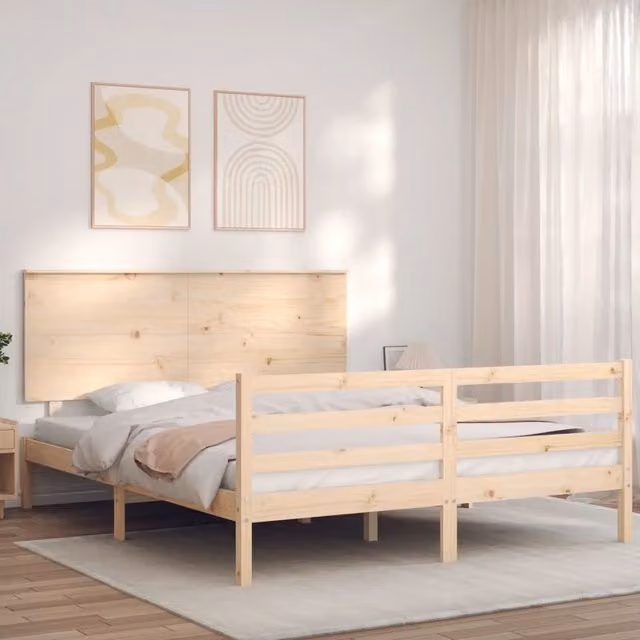 Berkfield Home King Size Solid Wood Bed Frame with Headboard in Brown and Beige Pine