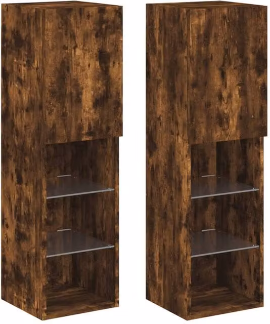 Berkfield Home Set of 2 Modern TV Cabinets with LED Lights in Smoked Oak Brown, W/D/H: 30.5 x 30 x 102 cm – 1