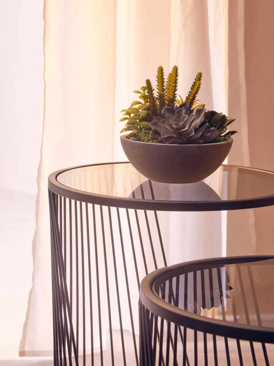Interiors by Premier Orsina Set of 2 Round Side Tables with Grey Glass Tops and Black Metal Sled Base – 3