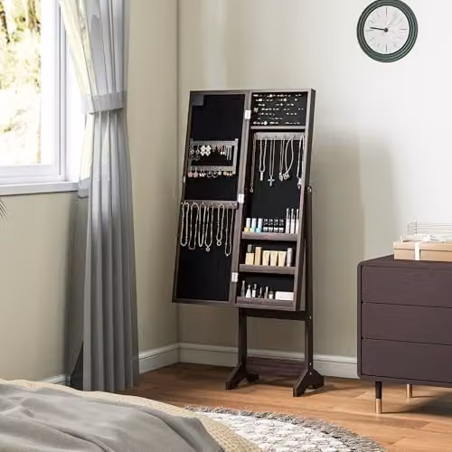 HOMCOM Freestanding LED Mirrored Jewelry Cabinet in Brown, H 136 x W 36 x D 30 cm – 5