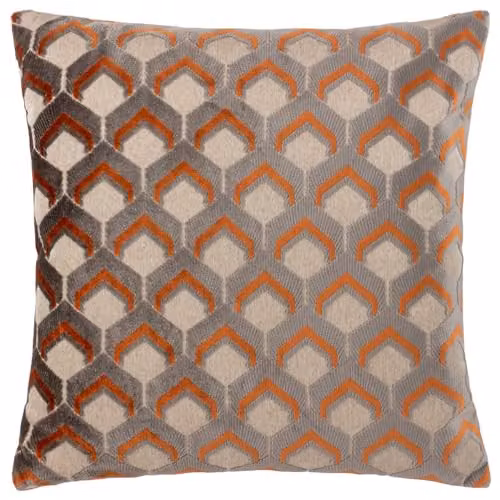 Paoletti Ledbury Geometric Velvet Cushion in Orange and Grey, W/D/H: 45 x 45 x 45 cm