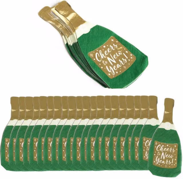 ILFD Group Ltd Pack of 20 Green and Gold New Years Champagne Bottle Napkins – 1