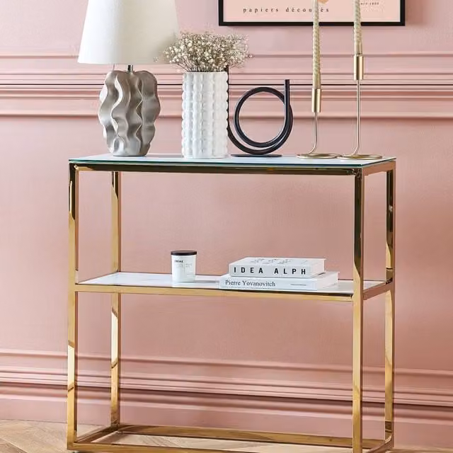 Wyld Haus White and Gold Console Table with Tempered Glass and Stainless Steel W/D/H: 78 x 30 x 30 cm – 1