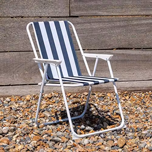 Harbour Housewares Pack of 2 Folding Blue Striped Metal Beach Deck Chairs with Armrests – 2