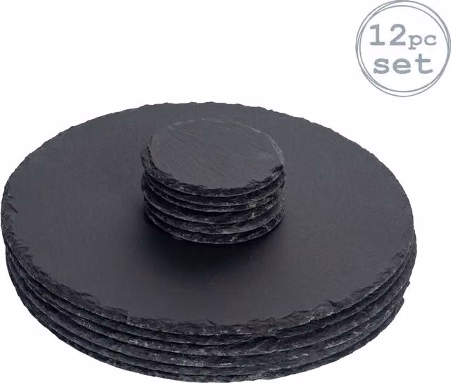 Argon Tableware 12 Piece Round Slate Placemats and Coasters Set in Black or Grey – 6