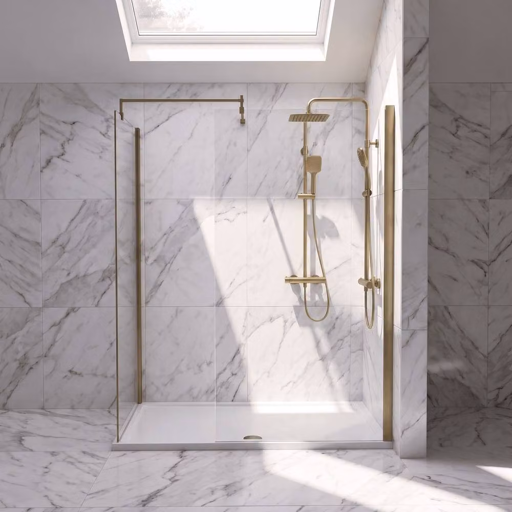 Balterley Walk-In Wetroom Bundle in Brushed Brass with Rectangular Tray and Fixed Glass Niche, W: 150 cm, D: 80 cm – 2