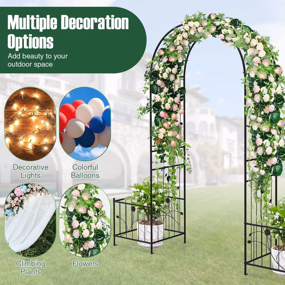 Gymax Metal Garden Arbor Arch Trellis with Planter Boxes in Black, Height: 217 cm – 4