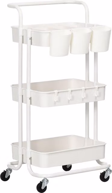 HOMCOM Three-Tier Home Trolley with Handle and Wheels in White – 1