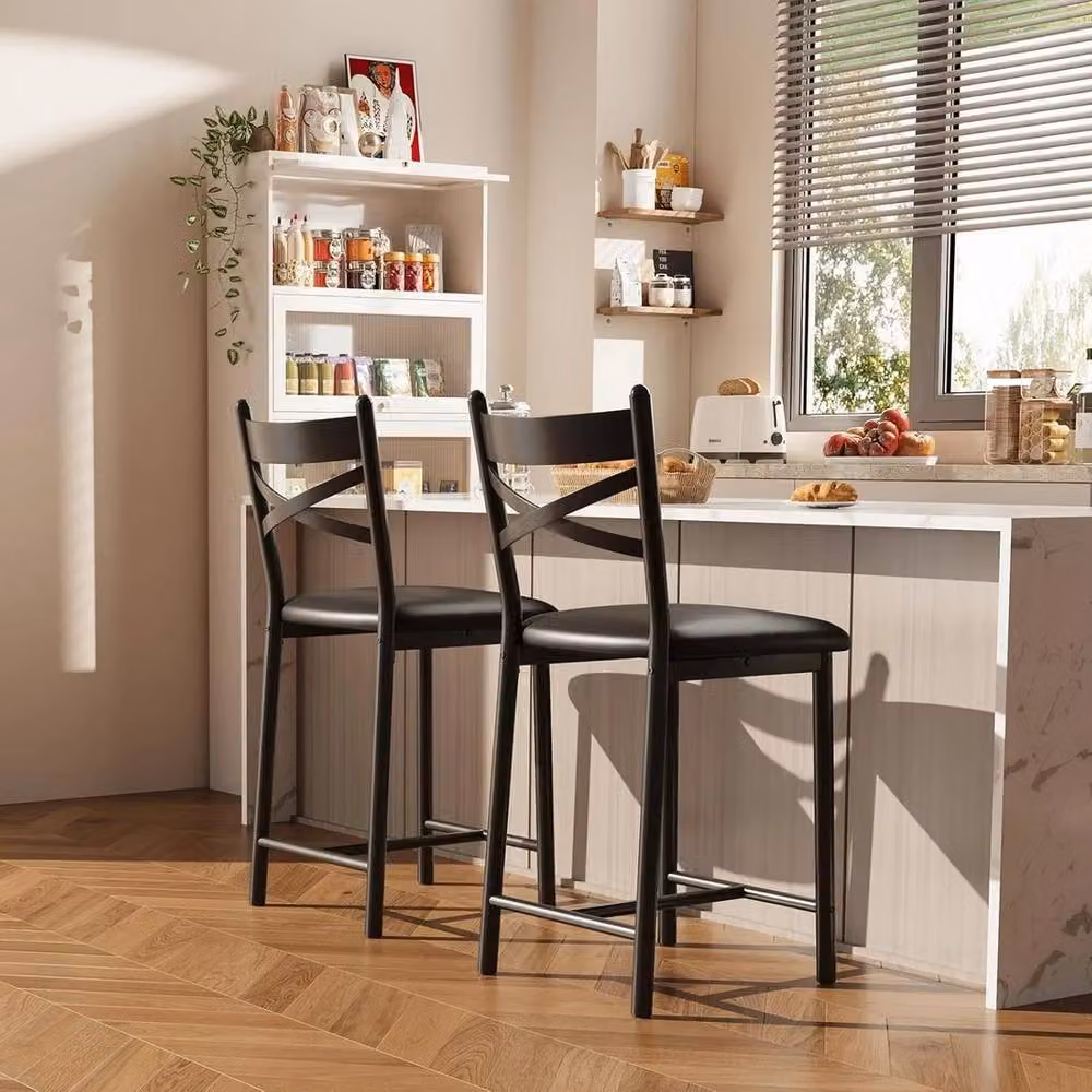 VOGREX Set of 2 Black Synthetic Leather and Metal Counter Height Bar Stools – 7
