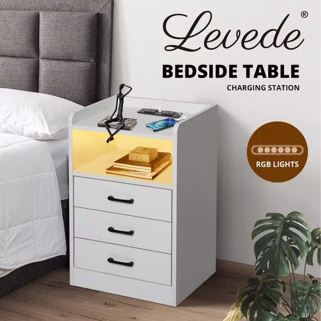 Levede White 3 Drawer Bedside Table with Integrated RGB LED Lighting W/D/H: 40 x 35 x 64 cm