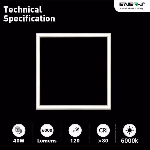 ENER-J 40W Border Line LED Light Panel, 6000K Cool White, 4000 Lumens, White, W/D: 60 x 60 cm