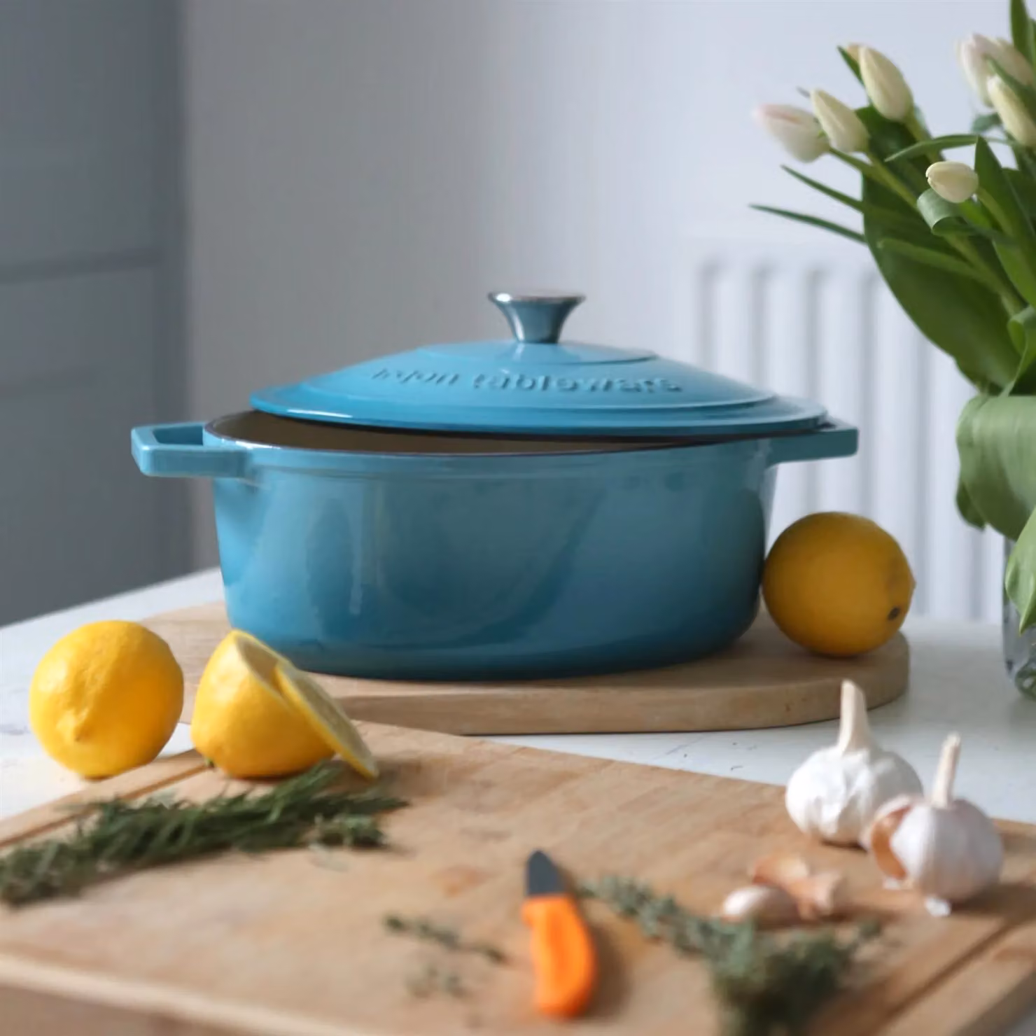 Argon Tableware 2x Oval Cast Iron Casserole Dishes with Self Basting Lids in Petrol Blue, 4.68L – 5