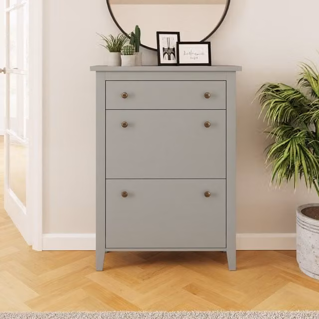 GFW Deluxe Two Tier Grey Shoe Cabinet with Tilting Compartments and Internal Drawers