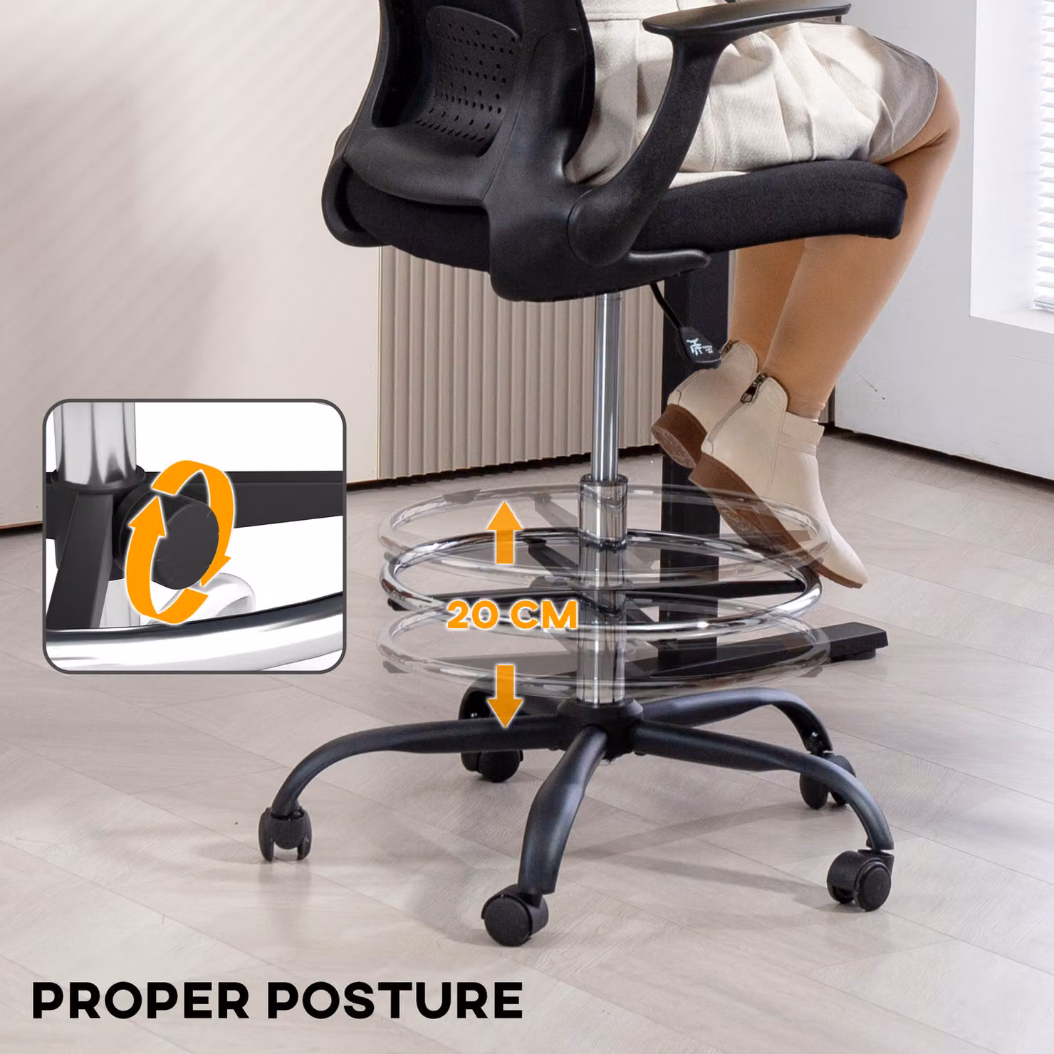 HOMCOM Black Fabric Ergonomic Drafting Chair with Flip-up Armrests, Foot Ring and Swivel Castors – 6