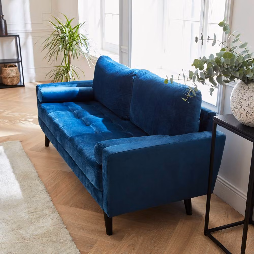 sweeek 3-Seater Vintage Style Velvet Fabric Sofa in Blue with Scatter Cushions, W/D/H: 177 x 81 x 84.5 cm – 4