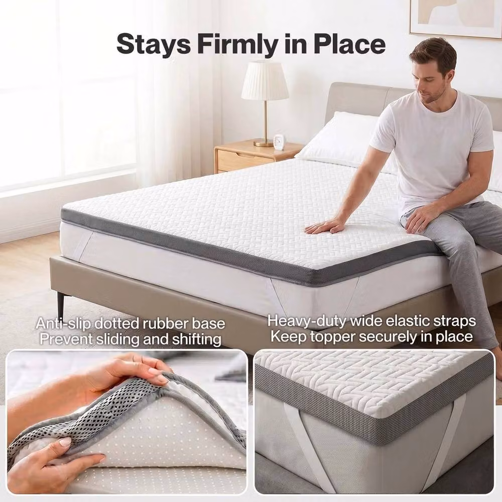 VOGREX Dual Layer Memory Foam Hotel Quality Mattress Topper in White and Blue with Temperature Regulation and Removable Cover – 2