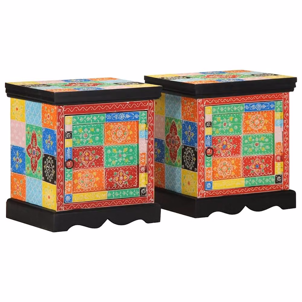 Berkfield Home Set of 2 Multicolour Floral Mango Wood Bedside Cabinets, W/D/H: 40 x 35 x 45 cm – 2