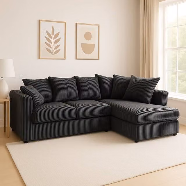 SquareBoxx Asher Jumbo Cord Corner Sofa with Right Hand Facing Chaise in Black