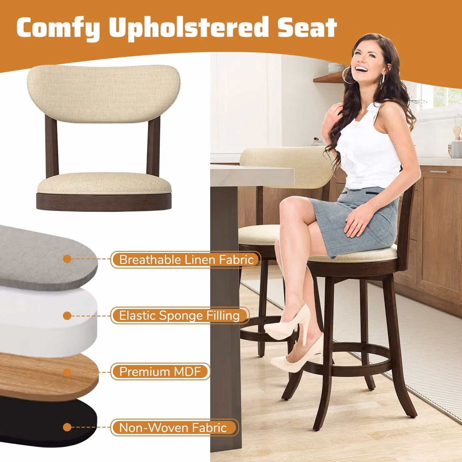 Costway Set of 2 Beige Fabric Swivel Counter Height Stools with Rubberwood Legs – 8