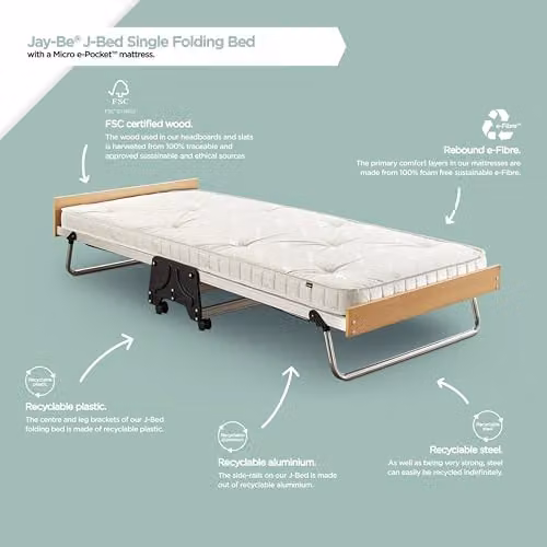 JAY-BE J-Bed Single Folding Bed with White Anti-Allergy Spring Mattress and Beech Wood Frame, W/D/H: 90 x 200 x 30.5 cm – 2