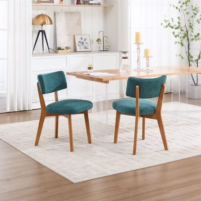Direct Wicker Set of 2 Mid-Century Green Linen Dining Chairs with Solid Wood Frame – 1
