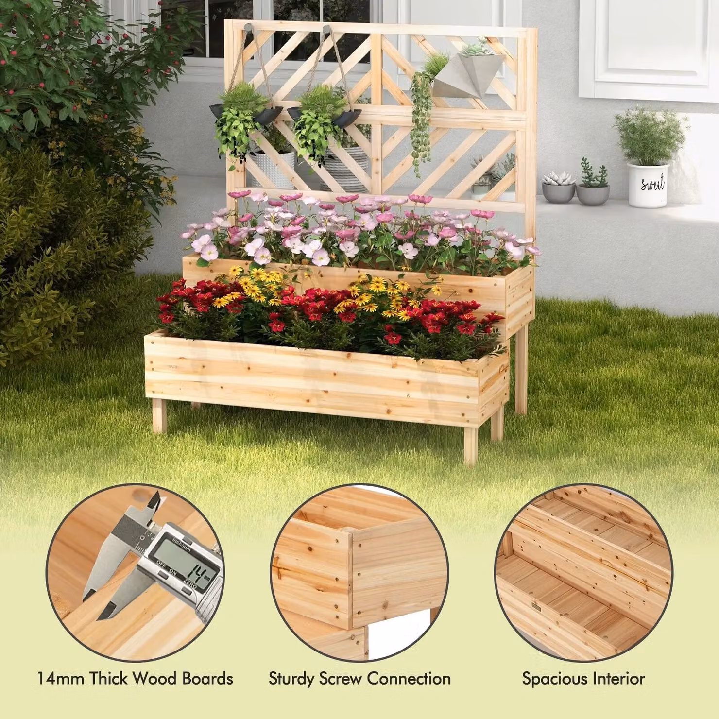 Costway 2-Tier Raised Wood Garden Bed with Trellis and Legs in Sand/Brown – 5