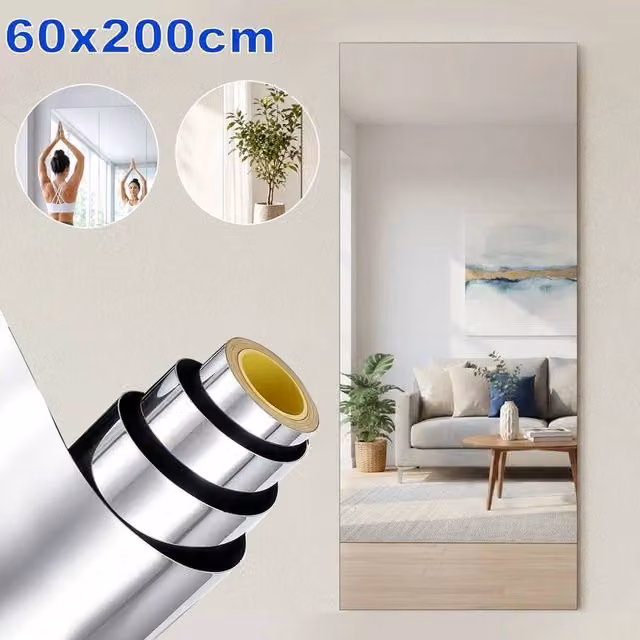 PAWNORA Silver Adhesive Mirror Wall Sticker Roll, W: 60 cm, H: 200 cm – 1