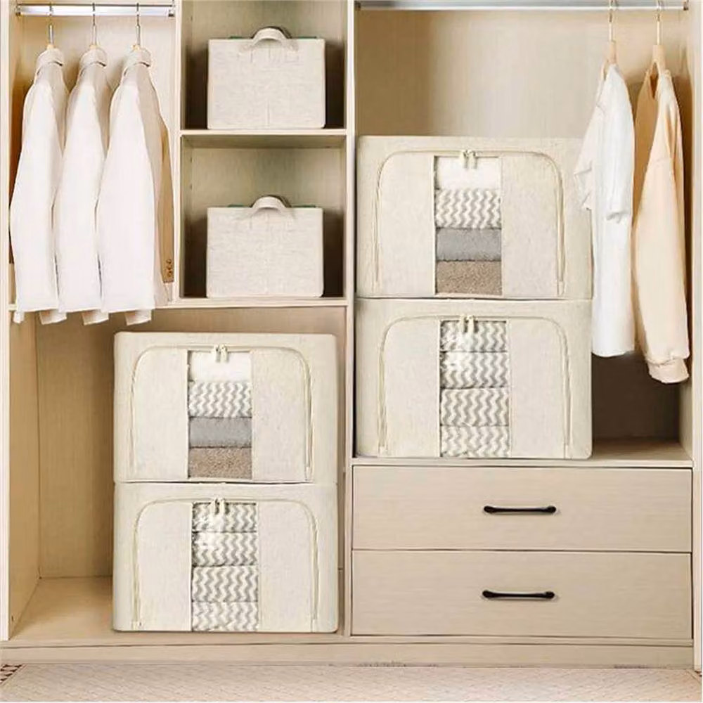 VOGREX 3-Piece Set of Foldable Zipped Fabric Storage Bags for Clothes and Wardrobes in Beige – 3