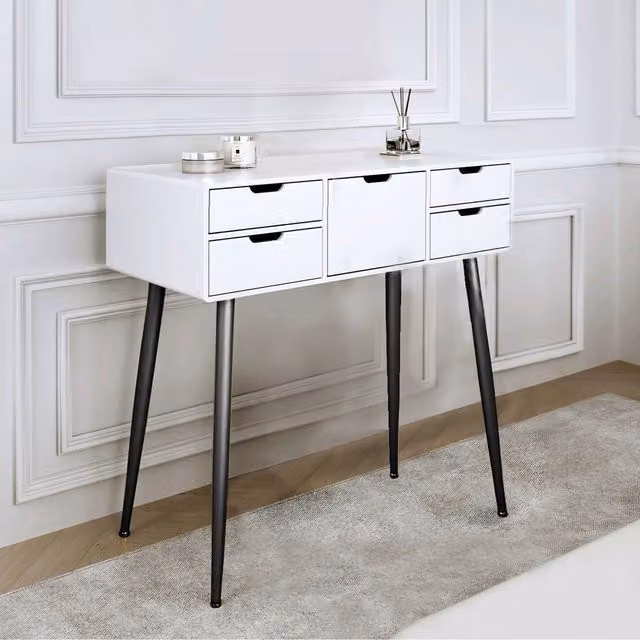 CARME Modern Rectangular Dressing Table in White and Black MDF and Metal