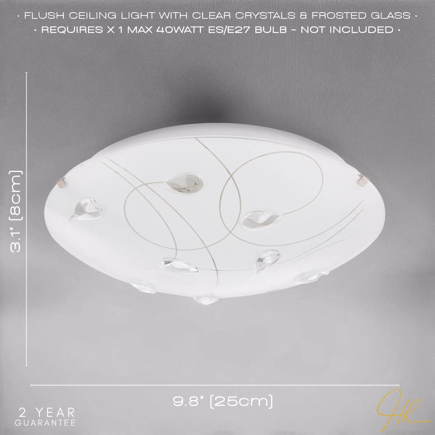 Happy Homewares Classic Opal White Glass Flush Ceiling Light with Transparent Crystal Droplets, W/D/H: 30 x 30 x 8 cm – 2