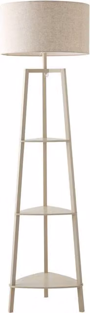 ValueLights Hiru 3 Tier Wooden Shelf Floor Lamp with Beige Fabric Drum Shade and Bulb in Natural Wood and White – 1