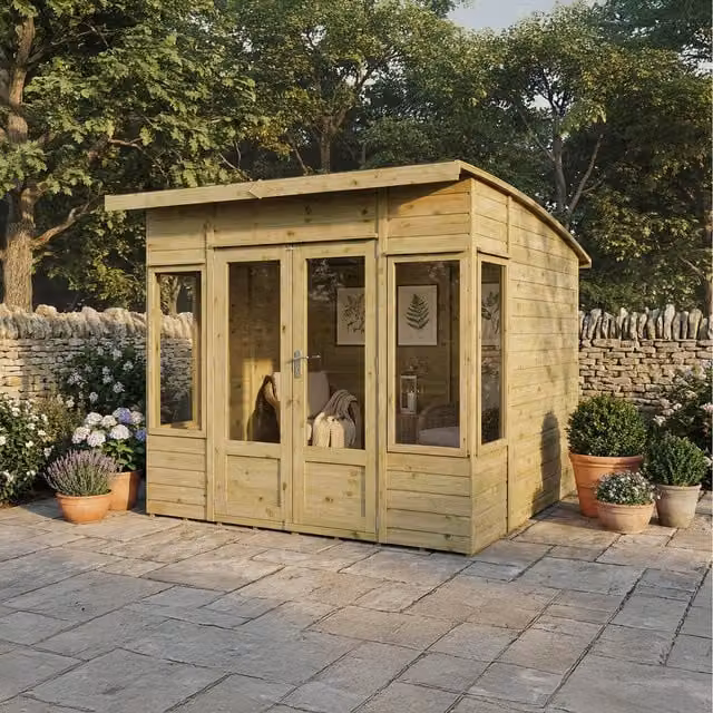 Waltons Rustic Curved Roof Wooden Summerhouse in Brown W: 243.84 cm, D: 295.1 cm, H: 215.7 cm