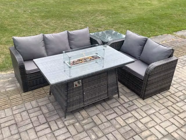 Fimous 4 Piece Rattan Garden Furniture Set with Gas Fire Pit Table and Side Table in Dark Grey