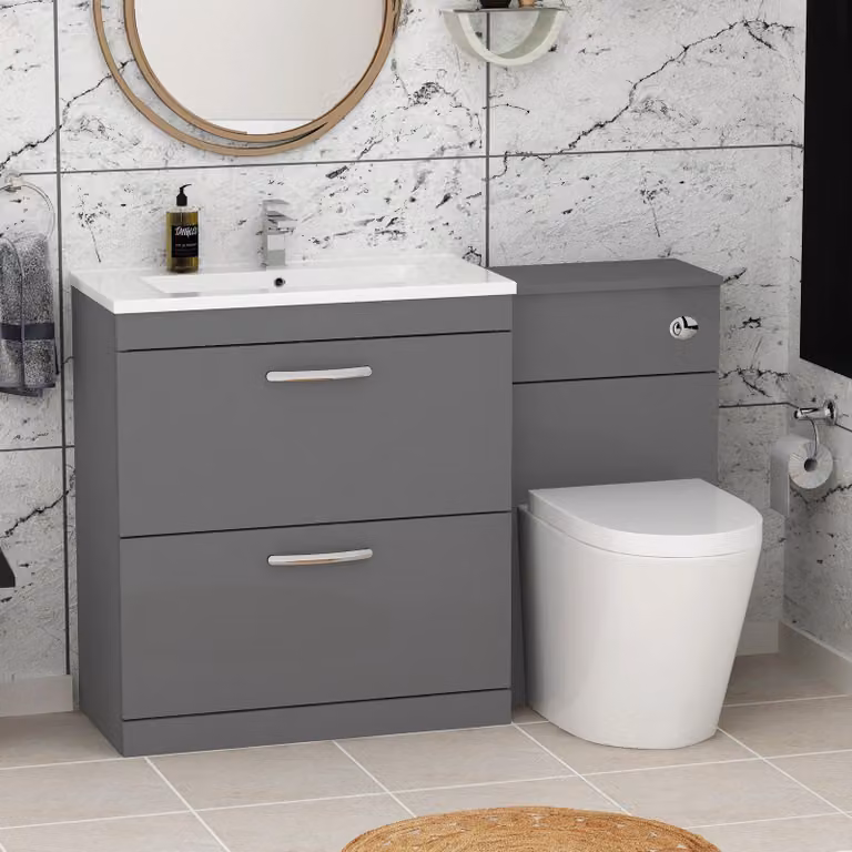 Royal Bathrooms Turin Minimalist 2-Drawer Basin and Cesar Back to Wall Toilet Pack, Indigo Grey Gloss, W: 130 cm