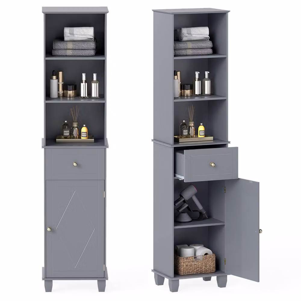 Costway Grey Narrow Freestanding Bathroom Cabinet with 3 Shelves and Drawer, Height: 172 cm – 3