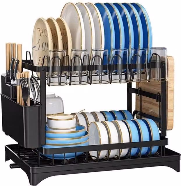 FLAVORA Black 2 Tier Large Metal Kitchen Sink Dish Drying Rack