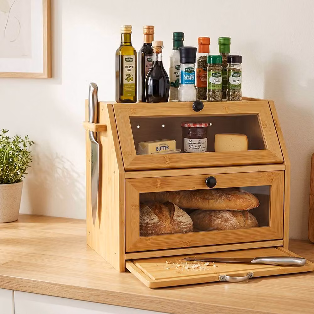 Toque 33L Bamboo Bread Bin with Cutting Board Lid in Natural Brown and Beige, W: 32.5 cm, D: 39.0 cm, H: 17.5 cm – 2