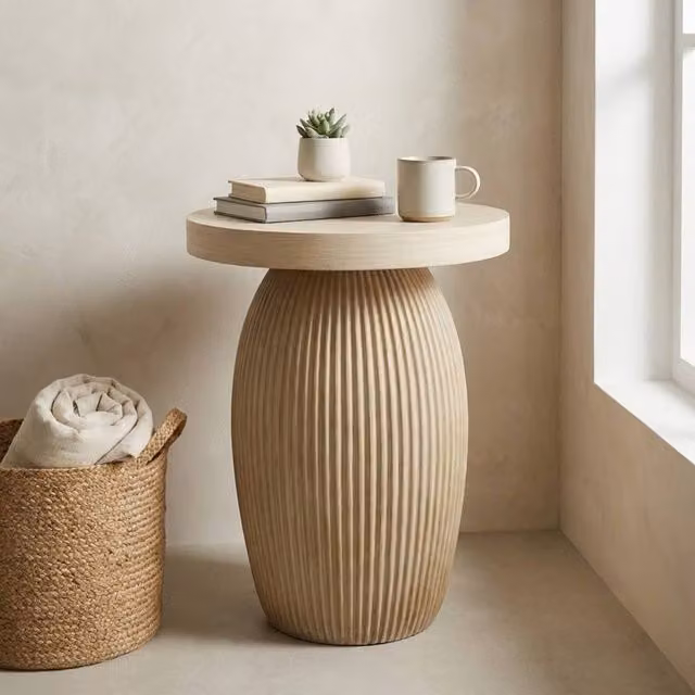 Garden Greatness Evie Round Slat Natural Side Table in Beige