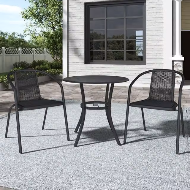Breeins Modern Garden Set with Matt Black Metal Slatted Round Coffee Table and 2 Rattan Chairs