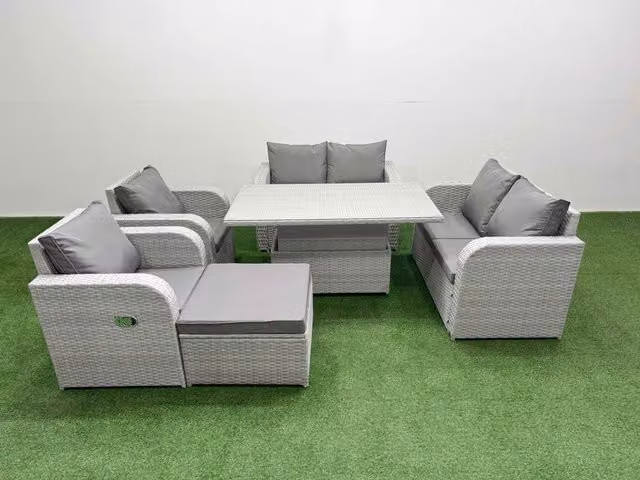 Fimous 7 Seater Rattan Garden Furniture Set in Light Grey with Reclining Sofas, Coffee Table and Matching Ottoman
