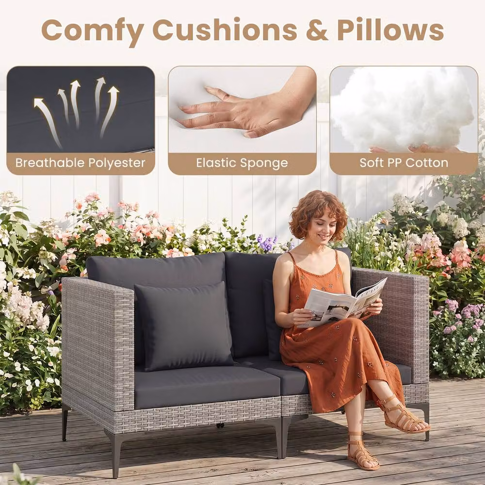 Costway 5-Piece Grey PE Rattan Patio Conversation Set with Upholstered Cushions and Side Table – 5