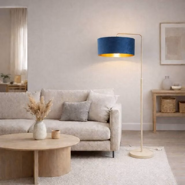 CGC Lighting Kyra Cream Angled Floor Lamp with 45cm Navy Velvet Lampshade – 1