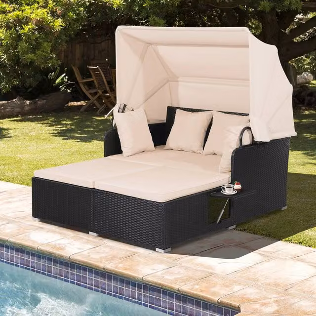 Costway Multicolour PE Rattan Wicker Patio Daybed with Retractable Canopy and Side Table