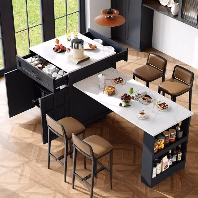 BTM Extendable Bar Table with Two Drawers and Side Shelves in Black