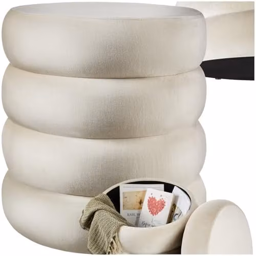 tectake Scandinavian Style Storage Ottoman with Bouclé Fabric and Removable Top Pad in White/Beige, W/D/H: 42 x 47 x 47 cm