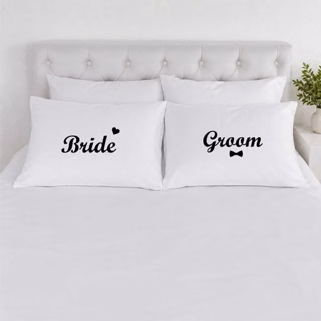 60 SECOND MAKEOVER Bride and Groom Cotton Pillowcases in White