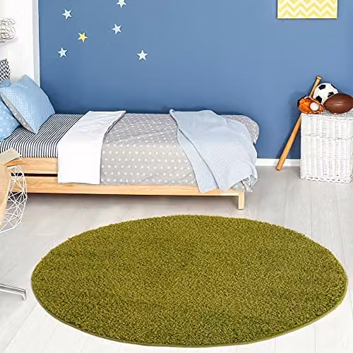 THE RUGS Green Plain Shaggy Round Rug for Living Room and Bedroom, Diameter: 120 cm – 1