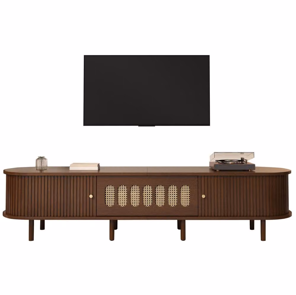 STILVORA TV Stand with Rattan Detail and 2 Roll-Up Doors in Brown Walnut, Width: 180 cm – 3